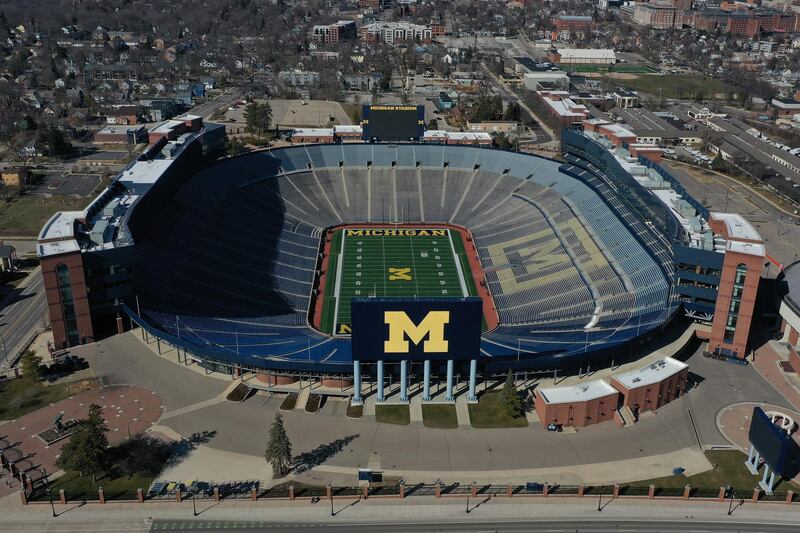 ANN ARBOR MICHIGAN - MARCH 15: Aerial general view from a drone of of Michigan Stadium on March 15, 2020 in Ann Arbor, Michigan.   Gregory Shamus/Getty Images/AFP