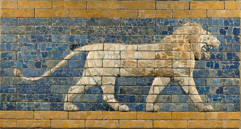 A relief of a striding lion, in glazed and moulded brick, from Babylon, 604-562 BC. Olaf M Tessmer
