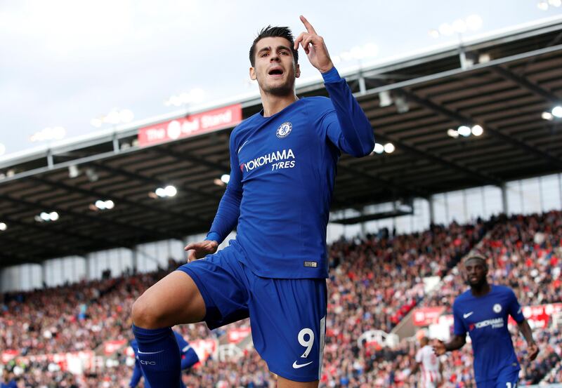 Soccer Football - Premier League - Stoke City vs Chelsea - bet365 Stadium, Stoke-On-Trent, Britain - September 23, 2017   Chelsea’s Alvaro Morata celebrates scoring their third goal     REUTERS/Andrew Yates    EDITORIAL USE ONLY. No use with unauthorized audio, video, data, fixture lists, club/league logos or "live" services. Online in-match use limited to 75 images, no video emulation. No use in betting, games or single club/league/player publications. Please contact your account representative for further details.