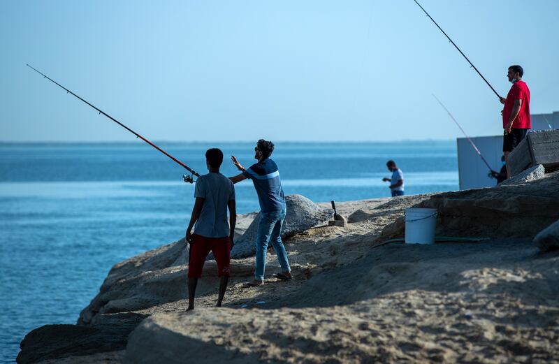 Anglers at the Yas Island Iron Bridge area on a Friday morning, May 28th, 2021. Victor Besa / The National.
For: Photography Project on Abu Dhabi fishing spots.
