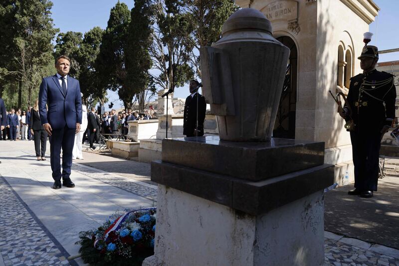 Laying a wreath at the monument to the 'dead for France' during his visit to the European Saint-Eugene cemetery in Algiers.  Mr Macron started a three-day visit to Algeria on August 25 to help mend ties with the former French colony. AFP