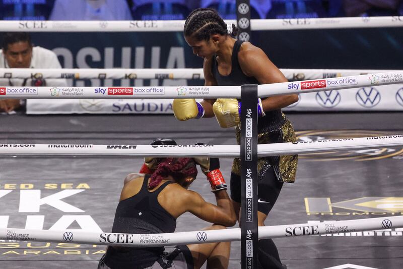 Ramla Ali knocks Crystal Nova in Jeddah. AFP