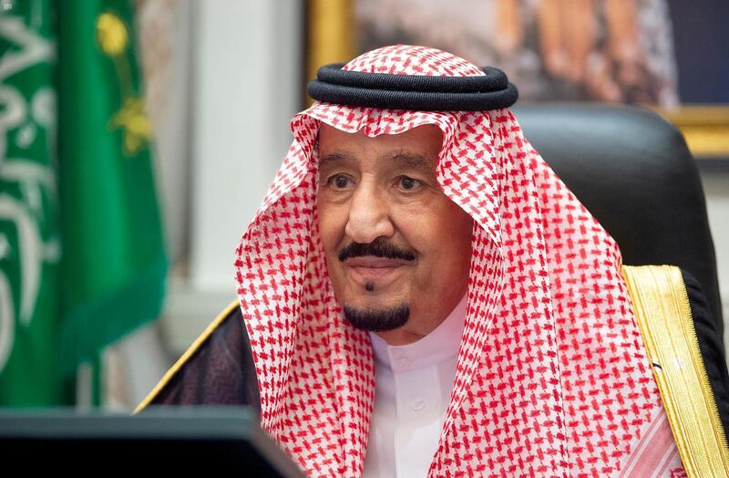 Saudi Arabia's King Salman bin Abdulaziz attends a virtual cabinet meeting in Neom, Saudi Arabia August 18, 2020. Picture taken August 18, 2020.  Saudi Press Agency/Handout via REUTERS ATTENTION EDITORS - THIS PICTURE WAS PROVIDED BY A THIRD PARTY.
