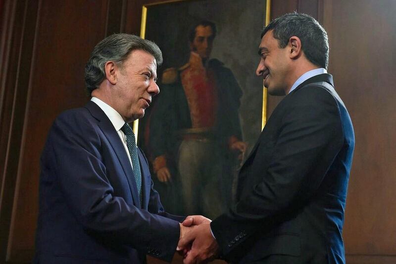 Sheikh Abdullah bin Zayed, Minister of Foreign Affairs, is greeted by the Colombian President Juan Manuel Santos at the Narino Presidential Palace in Bogota. Cesar Carrion / Presidencia de Colombia / AFP Photo 