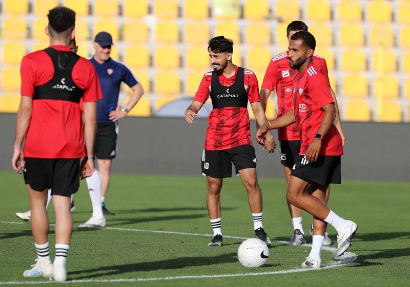 Dubai, United Arab Emirates - Reporter: John McAuley. Sport. Football. UAE Khalfan Mubarak during a training session at Zabeel Stadium, Dubai. Saturday, March 27th, 2021. Dubai. Chris Whiteoak / The National