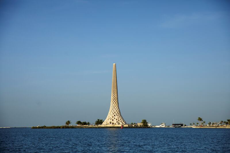 A beacon rises above the harbour at the King Abdullah University of Science and Technology (Kaust) near Jeddah. Reuters
