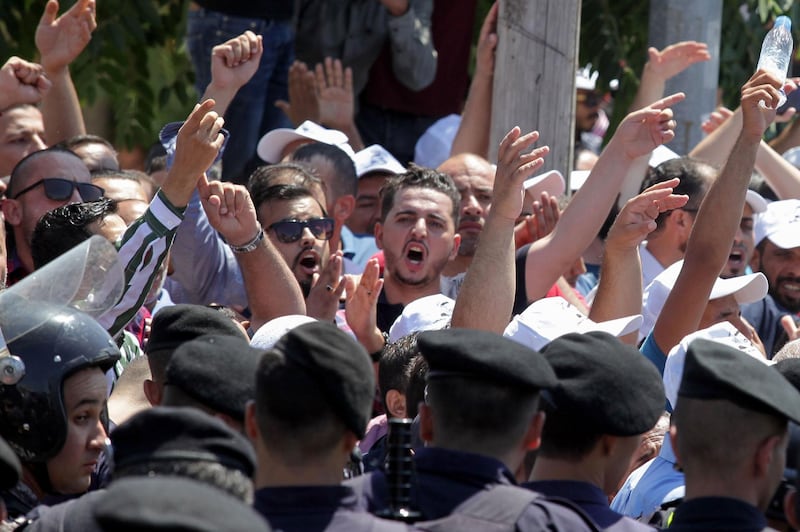 Jordanian teachers chant slogans during a protest in the capital Amman.  AFP