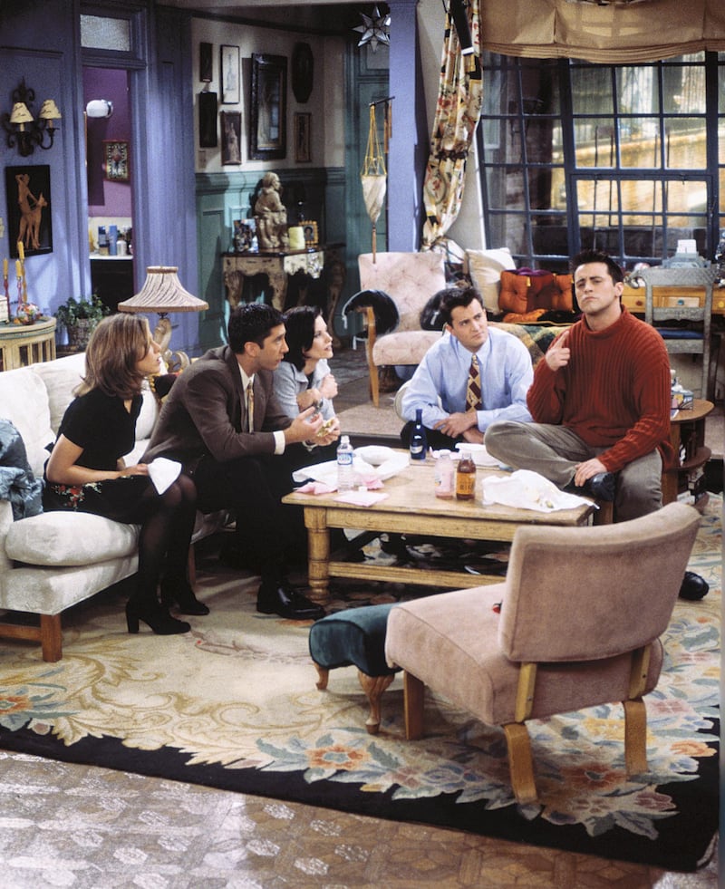 FRIENDS -- "The One with the Lesbian Wedding" Episode 11 -- Pictured: (l-r) Jennifer Aniston as Rachel Green, David Schwimmer as Ross Geller, Courteney Cox Arquette as Monica Geller, Matthew Perry as Chandler Bing, Matt LeBlanc as Joey Tribbiani  (Photo by Paul Drinkwater/NBCU Photo Bank/NBCUniversal via Getty Images via Getty Images)