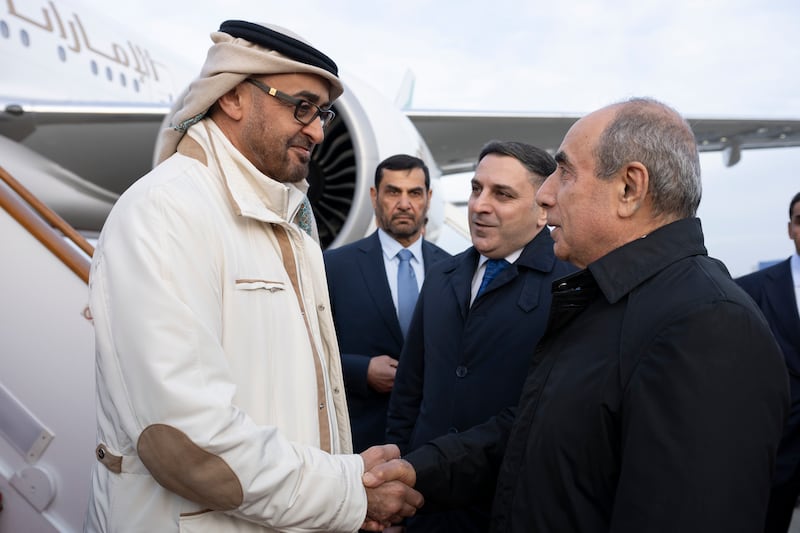 Sheikh Mohamed, is received by Yagub Eyyubov, First Deputy Prime Minister of Azerbaijan, at Heydar Aliyev International Airport