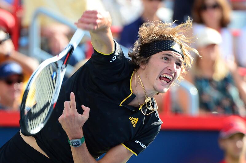 Alexander Zverev, of Germany, serves to Roger Federer, of Switzerland, during the final of the Rogers Cup tennis tournament Sunday, Aug. 13, 201, in Montreal. (Paul Chiasson/The Canadian Press via AP)