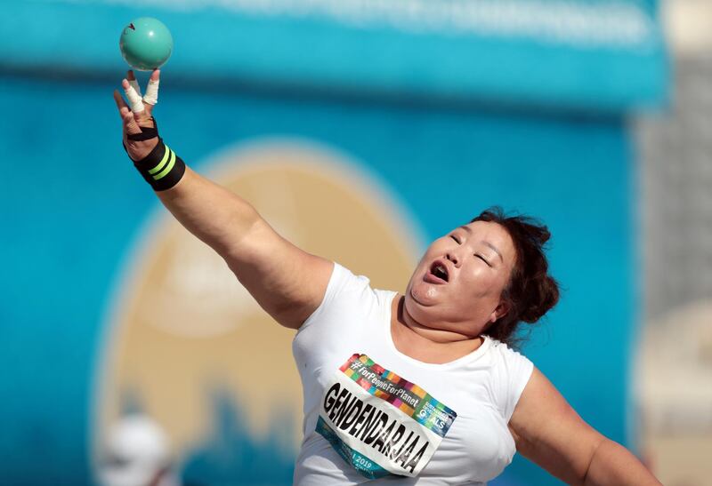 Mongolia's Tsogtgerel Gendendarjaa in action during the Women's Shot Put F57 Qualification. Reuters