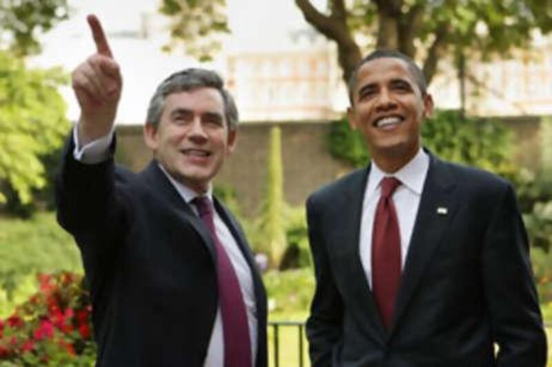 The US Democratic presidential candidate Barack Obama is seen with the British prime minister Gordon Brown, in the garden of Number 10 Downing Street.