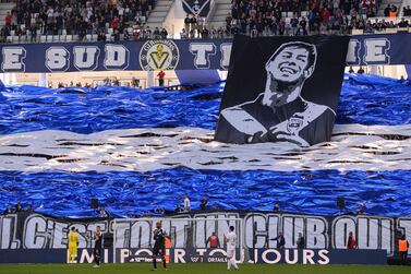 Bordeaux supporters display a banner depicting late Argentine footballer Emiliano Sala during the French Ligue 1 match against Toulouse at the Matmut Atlantique Stadium. AFP