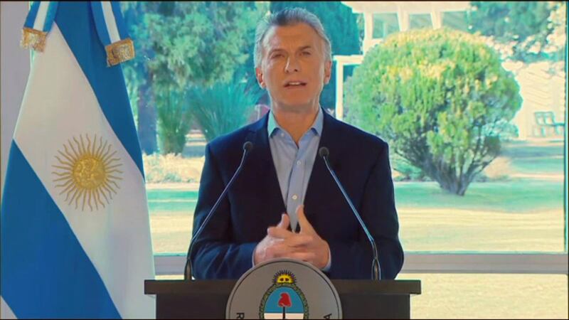 An image grab taken from a video released by Argentina's Presidency shows Argentine President Mauricio Macri speaking at Olivos presidenctial palace, Buenos Aires province, Argentina, on August 14, 2019. Argentine President Mauricio Macri on Wednesday announced salary hikes and tax cuts to help ease an economy roiled by his shock weekend primary election defeat to his main leftist rival - RESTRICTED TO EDITORIAL USE - MANDATORY CREDIT "AFP PHOTO / ARGENTINA'S PRESIDENCY" - NO MARKETING NO ADVERTISING CAMPAIGNS - DISTRIBUTED AS A SERVICE TO CLIENTS


 / AFP / Argentinian Presidency / HO / RESTRICTED TO EDITORIAL USE - MANDATORY CREDIT "AFP PHOTO / ARGENTINA'S PRESIDENCY" - NO MARKETING NO ADVERTISING CAMPAIGNS - DISTRIBUTED AS A SERVICE TO CLIENTS


