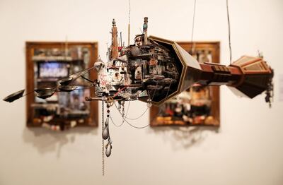 SHARJAH, UNITED ARAB EMIRATES, Dec 18 – 2019 :- Miniature art work titled “Journeys from An Absent Present to A Lost Past”  by Mohamad Hafez on display at the Sharjah Art Museum in Sharjah. He made miniature models of Syria’s ruined buildings from his childhood memories in his country of origin, Syria. (Pawan Singh / The National)  For Arts & Culture/Online/Instagram. Story by Alexandra Chaves