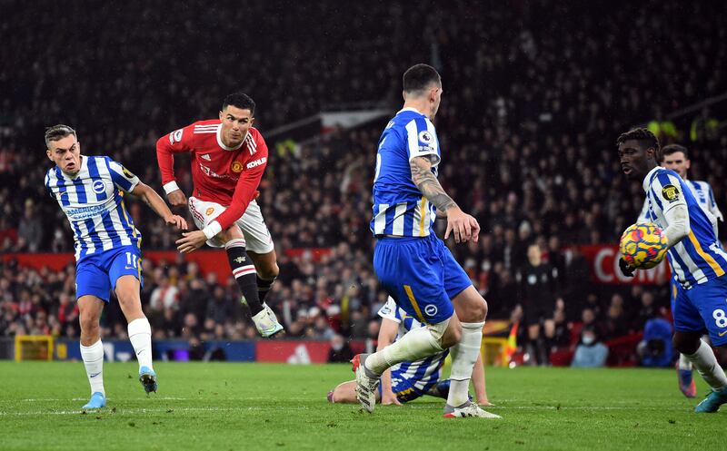 Manchester United's Cristiano Ronaldo scores against Brighton in the Premier League match at Old Trafford in February, 2022. Reuters