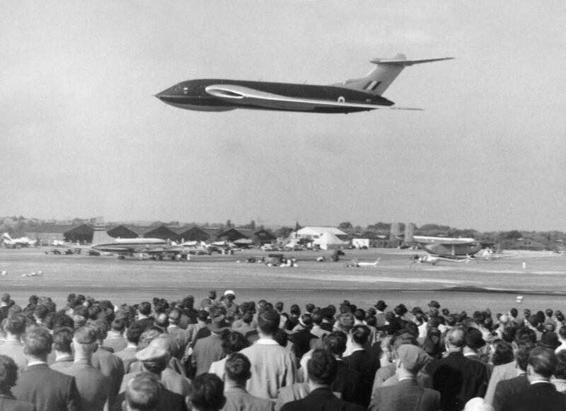 The Handley Page Victor, a four-jet crescent-wing bomber that became part of the UK's V Bomber nuclear force along with the Vulcan and the Valiant, makes an appearance at the Farnborough Airshow in 1953.