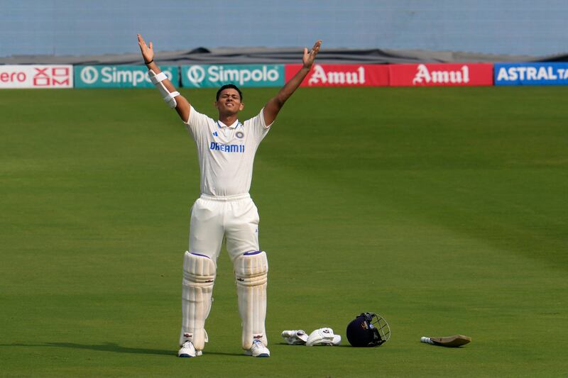 India's Yashasvi Jaiswal celebrates his double century. AP