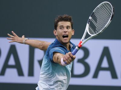 epa07435421 Dominic Thiem of Austria reacts after defeating Ivo Karlovic of Croatia during the BNP Paribas Open tennis tournament at the Indian Wells Tennis Garden in Indian Wells, California, USA, 13 March 2019. The men's and women's final will be played, 17 March 2019.  EPA/RAY ACEVEDO