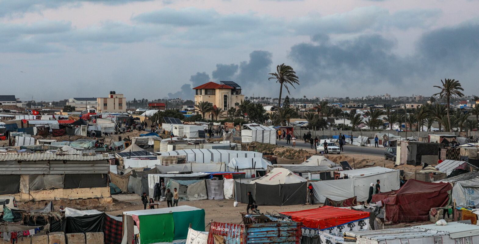 Makeshift shelters at a new camp for internally displaced Palestinians, after the Israeli army asked them to evacuate the city of Rafah, west of Khan Yunis, southern Gaza Strip, 15 May 2024. EPA