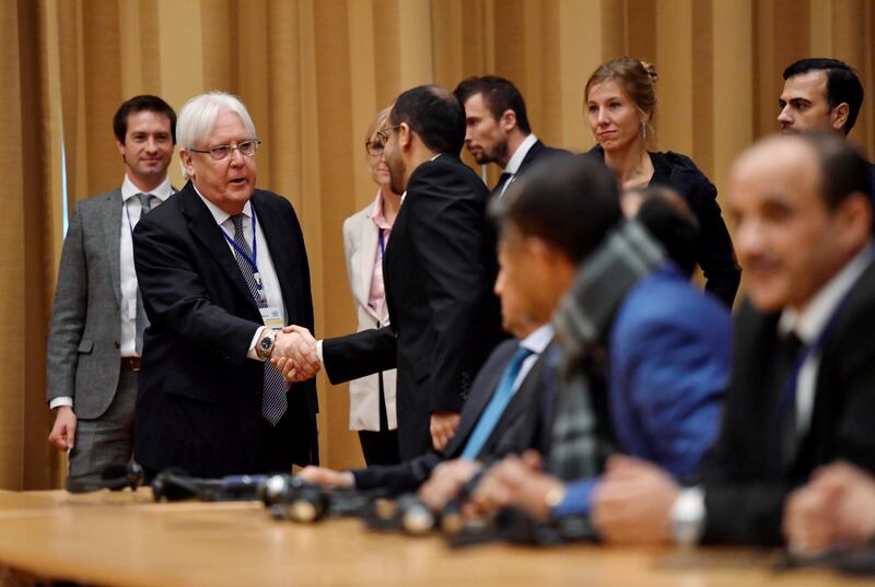 REFILE - CORRECTING CITY U.N. envoy to Yemen Martin Griffiths shakes hands with Yemeni delegates at the opening press conference on U.N.-sponsored peace talks for Yemen at Johannesberg castle, in Rimbo, Sweden December 6, 2018. Stina Stjernkvist /TT News Agency/via REUTERS      ATTENTION EDITORS - THIS IMAGE WAS PROVIDED BY A THIRD PARTY. SWEDEN OUT. NO COMMERCIAL OR EDITORIAL SALES IN SWEDEN.