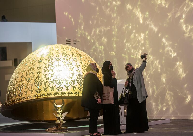 Message/Messenger by artist Abdulnasser Gharem is an installation of wood and copper at the Arabic Language Summit at Expo 2020 Dubai. Leslie Pableo for The National