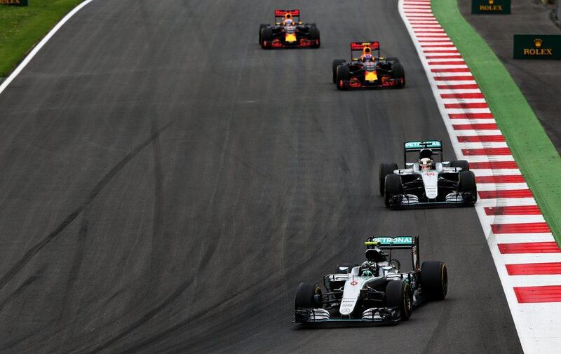 Nico Rosberg of Mercedes leads teammate Lewis Hamilton and Max Verstappen of Red Bull Racing and his teammate Daniel Ricciardo during the Formula One Austrian Grand Prix at Red Bull Ring on July 3, 2016 in Spielberg, Austria. Charles Coates / Getty Images