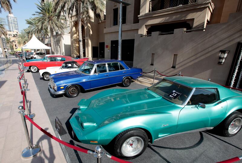 Dubai, United Arab Emirates - March 7, 2013.  Classic cars at 5th Emirates Classic Car Festival along Mohammed Bin Rashid boulevard.  ( Jeffrey E Biteng / The National )