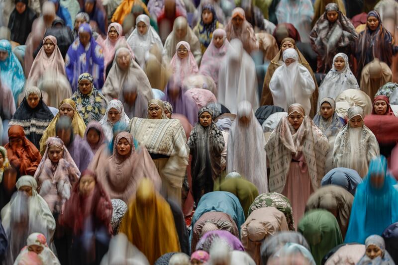 Worshippers performing taraweeh prayers on the first eve of Ramadan at the Istiqlal Mosque in Jakarta, Indonesia.  EPA