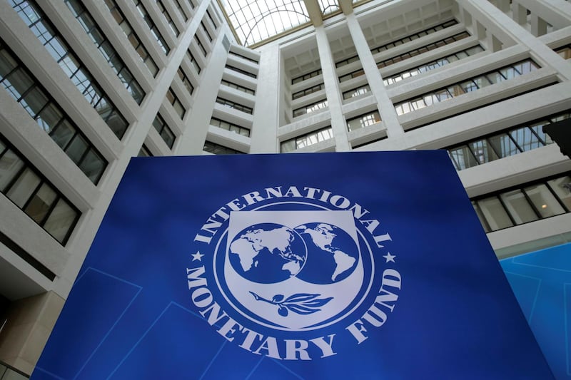 FILE PHOTO: FILE PHOTO: The International Monetary Fund logo is seen during the IMF/World Bank spring meetings in Washington, U.S., April 21, 2017. REUTERS/Yuri Gripas/File Photo