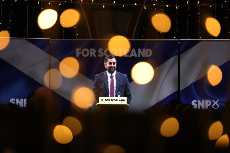 Mr Yousaf speaks during the launch of the SNP general election campaign at Oran Mor in Glasgow, in January. Getty Images