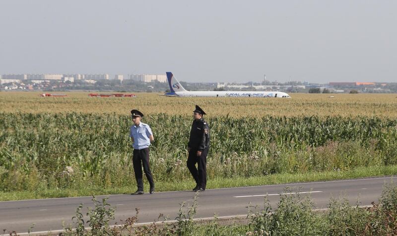 Russian police officers near the site of Ural Airlines A-321 passenger plane emergency landing outside Zhukovsky airport in Ramensky district of Moscow region, Russia. A-321 with 226 passengers and seven crew members on board en-route from Moscow to Simferopol made emergency landing after a right engine failure following the plane's colliding with seagulls shortly after take-off. Ten people were hospitalized following the accident.  EPA