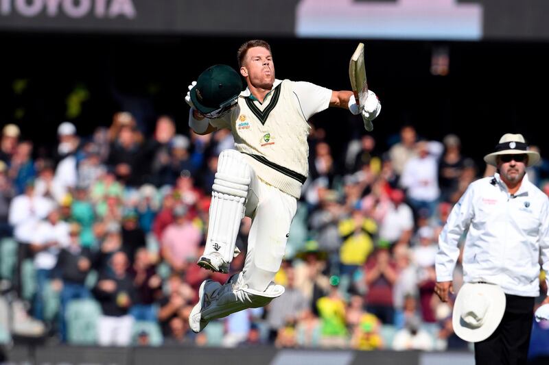 Australia's batsman David Warner celebrates reaching his triple century (300 runs) during the day two of the second cricket Test match between Australia and Pakistan in Adelaide on November 30, 2019.  -- IMAGE RESTRICTED TO EDITORIAL USE - STRICTLY NO COMMERCIAL USE --
 / AFP / William WEST / -- IMAGE RESTRICTED TO EDITORIAL USE - STRICTLY NO COMMERCIAL USE --
