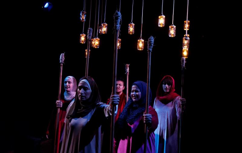 Palestinian women perform a play entitled 'Us Too, Women of Palestine', inspired by Greek tragedian Aeschylus's 'The Suppliant Women', in Ramallah, in the Israeli-occupied West Bank.  Reuters