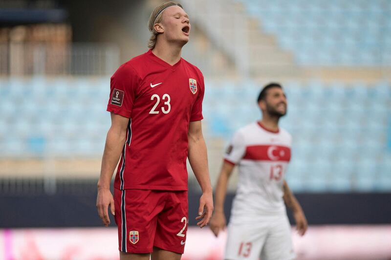 A frustrated Erling Braut Haaland during Norway's 3-0 World Cup qualifying defeat against Turkey  in Malaga on March 27. AFP