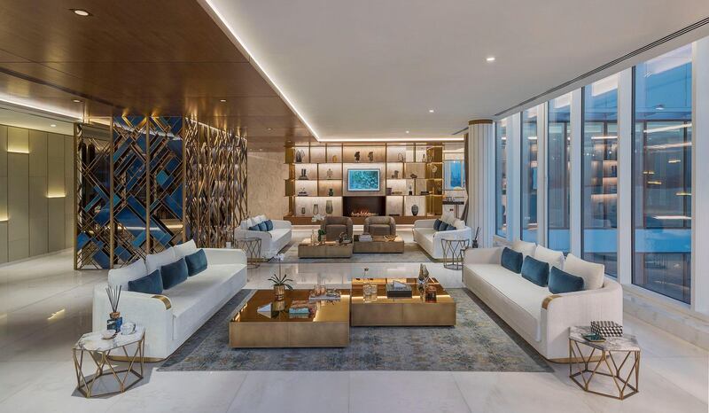 Living room of the presidential penthouse at Serenia Residences at the crescent of The Palm Jumeirah. Courtesy Palma Holding