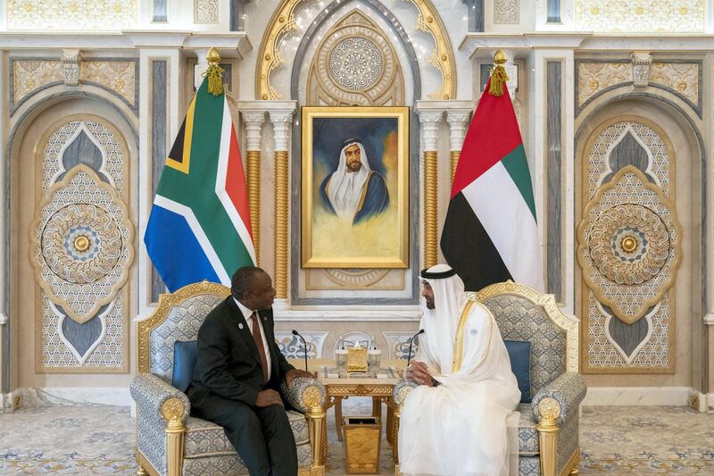 ABU DHABI, UNITED ARAB EMIRATES - July 13, 2018: HH Sheikh Mohamed bin Zayed Al Nahyan Crown Prince of Abu Dhabi Deputy Supreme Commander of the UAE Armed Forces (R), meets with HE Cyril Ramaphosa, President of South Africa (L), at the Presidential Palace.

( Hamad Al Kaabi / Crown Prince Court - Abu Dhabi )