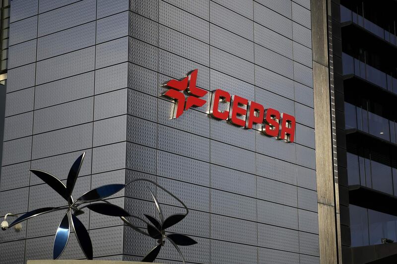 (FILES) In this file photo taken on May 24, 2018 the logo of CEPSA Spanish multinational oil and gas company is seen on a wall of the Foster tower located at the 'Cuatro Torres Business Area' in Madrid on May 24, 2018. The Abu Dhabi-based investment firm Mubadala wants to introduce on the Madrid Stock Exchange at least 25% stake in the Spanish oil and gas group Cepsa, Cepsa announced on September 17, 2018. / AFP / GABRIEL BOUYS

