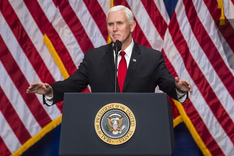 U.S. Vice President Mike Pence speaks during a national security strategy speech at the Ronald Reagan Building in Washington, D.C., U.S., on Monday, Dec. 18, 2017. The national security strategy, a document mandated by Congress, will describe the Trump administration's approach to a range of global challenges including North Korea's nuclear program, international terrorism, Russian aggression and China's rising influence. Photographer: Zach Gibson/Bloomberg