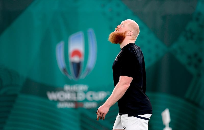 US prop Eric Fry  looks up during the Captain's Run training session at Kobe Misaki Stadium in Kobe on September 25, 2019, on the eve of their Japan 2019 Rugby World Cup Pool C match against England. / AFP / Filippo MONTEFORTE
