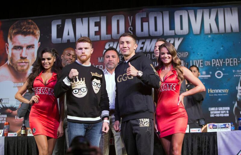 Middleweight boxer Canelo Alvarez of Mexico and WBC/WBA/IBF middleweight champion Gennady Golovkin of Kazakhstan pose during a news conference at MGM Grand hotel and casino in Las Vegas, Nevada, U.S., September 13, 2017. REUTERS/Las Vegas Sun/Steve Marcus