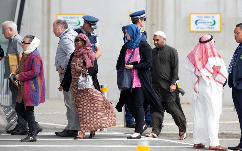 Worshippers from the Al Noor mosque and the Linwood Islamic Centre in Christchurch arrive for the prayer service. Reuters