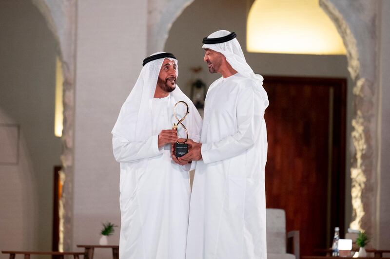 ABU DHABI, UNITED ARAB EMIRATES - April 07, 2021: HH Sheikh Mohamed bin Zayed Al Nahyan, Crown Prince of Abu Dhabi and Deputy Supreme Commander of the UAE Armed Forces (R), presents an Abu Dhabi Award to HE Faraj bin Hamooda (L), during an awards ceremony, at Qasr Al Hosn.


( Mohamed Al Hammadi / Ministry of Presidential Affairs )
---