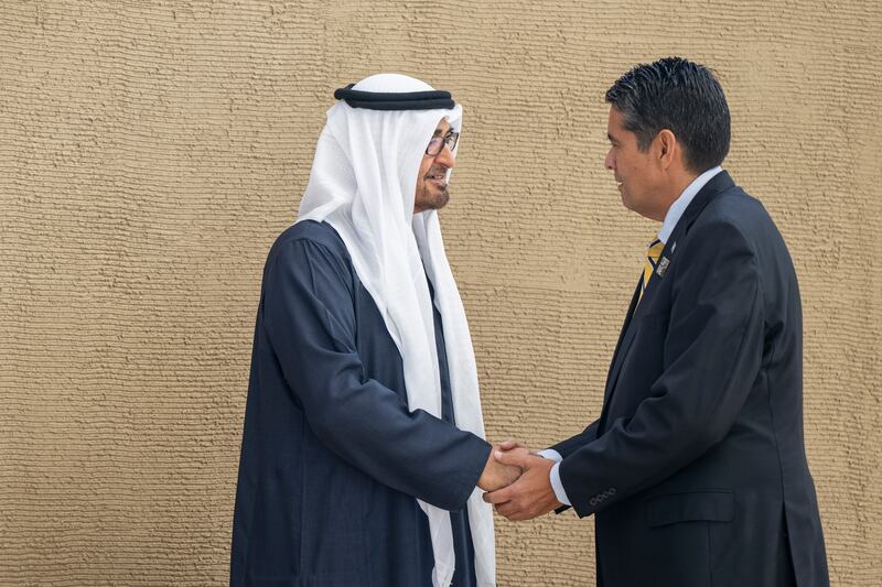 President Sheikh Mohamed greets Surangel Whipps Jr, President of Palau. Eissa Al Hammadi / UAE Presidential Court 