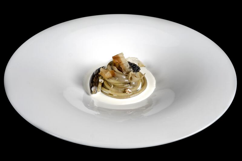 A dish by Valentino Cassanelli: spaghetti with anchovies and burrata water, umebuoshi and caviar. Photo: Lido Vannucchi