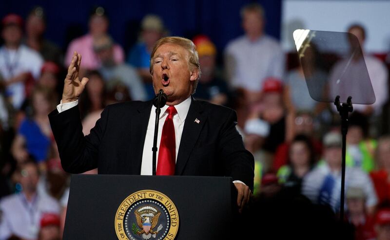 President Donald Trump speaks during a rally in support of Rep. Greg Gianforte, R-Mont., and GOP Senate candidate Matt Rosendale at the Four Seasons Arena at Montana ExpoPark, Thursday, July 5, 2018, in Great Falls, Mont.  (AP Photo/Carolyn Kaster)