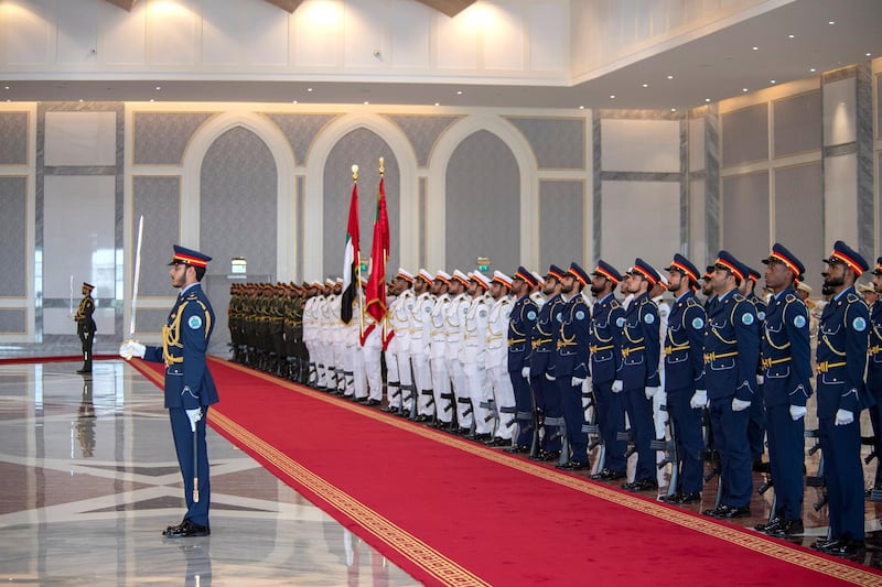 ABU DHABI, UNITED ARAB EMIRATES - July 19, 2018: Members of the UAE Armed Forces Honour Guard, stand at attention, during a reception held at the Presidential Airport.

( Saeed Al Neyadi / Crown Prince Court - Abu Dhabi )
---