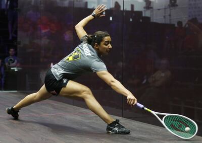 Raneem El Welily of Egypt returns a shot from Sarah-Jane Perry of England, during the Dubai World Series Finals squash tournament in Dubai, United Arab Emirates, Thursday, June 7, 2018. (AP Photo/Kamran Jebreili)