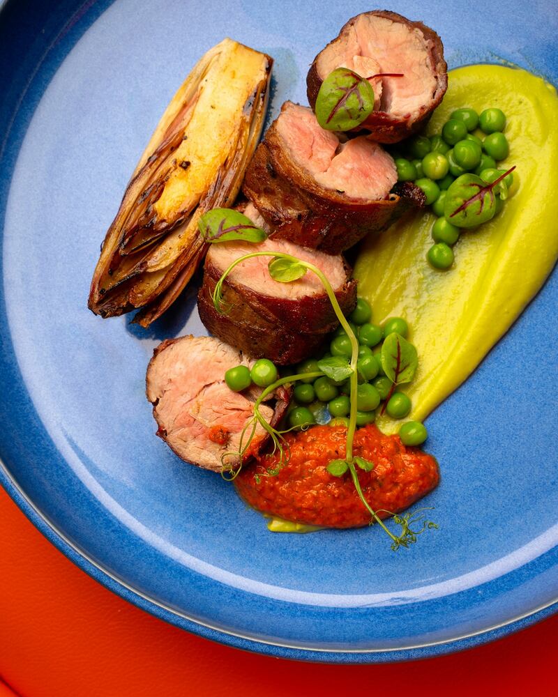 Veal loin, with green peas puree, charred endives, and sun dried tomato pesto from Sole.