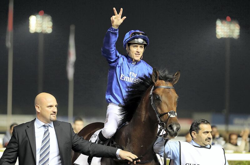 DUBAI , UNITED ARAB EMIRATES , FEB 08  – 2017 :- Thunder Snow  ( IRE ) ridden by Christophe Soumillon ( no 8   ) won the fifth horse race 1900 m dirt held at Meydan Racecourse in Dubai. ( Pawan Singh / The National ) For Sports. Story by Amith 